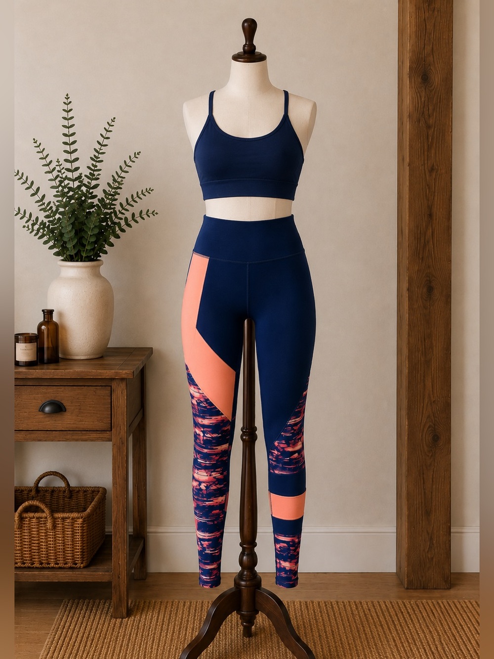 Lolë Navy Coral Colorblock Printed Full Length Workout Leggings